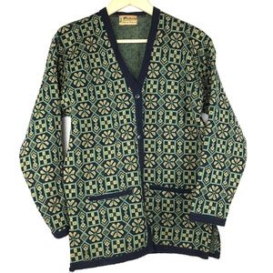 Mehran Green Blue Cream Floral Ireland Thick Knit Button Cardigan Large XL